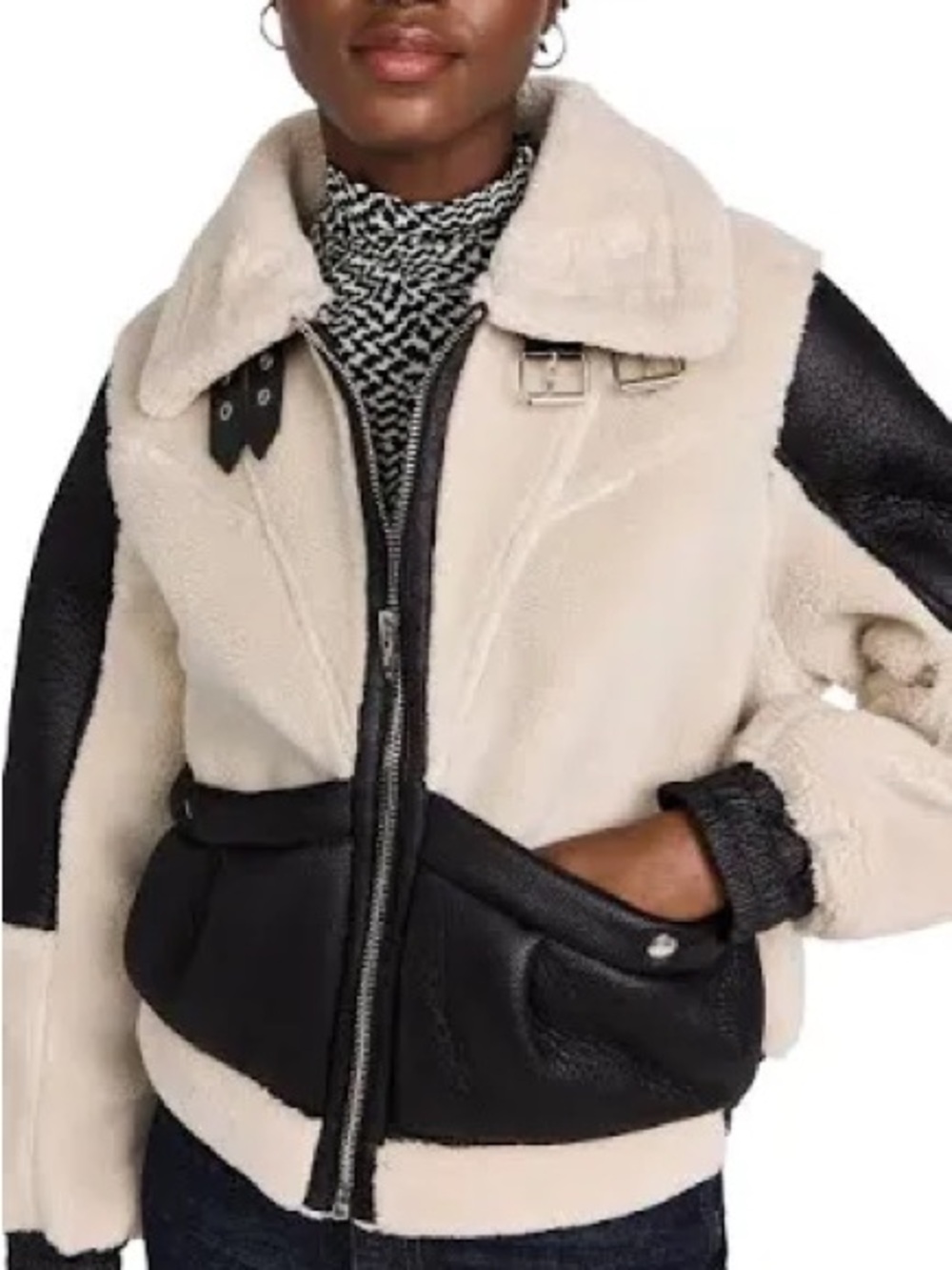 Blank NYC Women’s Sherpa Moto Jacket in Cream and Black